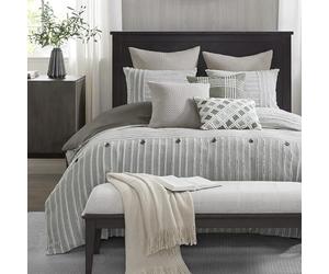 MADISON PARK SIGNATURE King Comforter Set, Removable 100% Cotton Duvet Cover King Size with Insert, Farmhouse Bedding, Textured Stripe Clipped Jacquard Accent, King, Grey 9 Piece