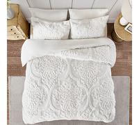 Madison Park Tufted Chenille 100% Cotton Duvet Modern Luxe All Season Comforter Cover Bed Set with Matching Shams, Full/Queen(90"x90"), Damask Off White 3 piece