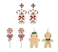 MADISON TYLER 3 Pairs Christmas Dangle Earrings Set for Women | Christmas Gingerbread Men Peppermint Lollipop Candy Cane Jar Light Bulb Angel Wings Earring | Xmas Holiday Earrings, Zinc, Rhinestone