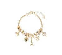 Madison Tyler Gold Plated Bracelet for Women | Butterfly Bee Ladybug Beetle Game Controller Eiffel Tower Beaded Charm Bracelet | Cute Adjustable Snake Chain Bracelet Jewelry, 7.25 Inches, Rhinestone