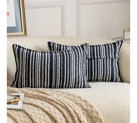 Madizz Decorative Boucle Dark Blue Cushion Covers 30x50 cm Pack of 2 Throw Pillows for Couch Sofa Boho Accent Striped Pillow Cases for Bed Cushion for Bedroom Living Room Modern Home Decor