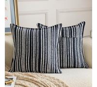 Madizz Decorative Boucle Dark Blue Cushion Covers 55x55 cm Pack of 2 Throw Pillows for Couch Sofa Boho Accent Striped Pillow Cases for Bed Cushion for Bedroom Living Room Modern Home Decor