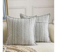 Madizz Decorative Boucle Grey White Cushion Covers 60x60 cm Pack of 2 Throw Pillows for Couch Sofa Boho Accent Striped Pillow Cases for Bed Cushion for Bedroom Living Room Modern Home Decor