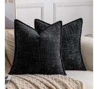 Madizz Decorative Chenille Cushion Covers 50x50 cm Black Pack of 2 Throw Pillows for Couch Sofa Boho Accent Pillow Cases for Bed Cushion for Bedroom Living Room Modern Home Decor