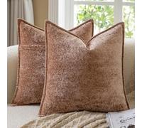 Madizz Decorative Vintage Chenille Cushion Covers Pack of 2 Plaid Couch Pillows Neutral Boho Farmhouse Euro Sham Covers Home Decor for Couch Sofa Bedroom Living Room 60x60 CM, Brown