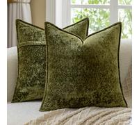 Madizz Decorative Vintage Chenille Cushion Covers Pack of 2 Plaid Couch Pillows Neutral Boho Farmhouse Euro Sham Covers Home Decor for Couch Sofa Bedroom Living Room 60x60 CM, Moss Green