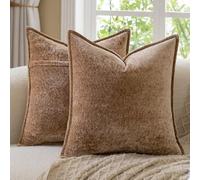 Madizz Decorative Vintage Chenille Cushion Covers Pack of 2 Plaid Couch Pillows Neutral Boho Farmhouse Euro Sham Covers Home Decor for Couch Sofa Bedroom Living Room 60x60 CM, Light Brown