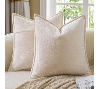 Madizz Decorative Vintage Chenille Cushion Covers Pack of 2 Plaid Couch Pillows Neutral Boho Farmhouse Euro Sham Covers Home Decor for Couch Sofa Bedroom Living Room 60x60 CM, Light Beige