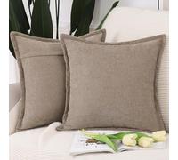 Madizz Fringe Chenille Cushion Covers Set of 2 Super Soft Boho Throw Pillow Covers Decorative Plain Throw Pillowcases Modern Home Decor for Sofa Bedroom Taupe 16x16 inch, 40x40 cm