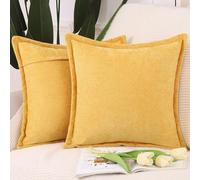 Madizz Fringe Chenille Cushion Covers Set of 2 Super Soft Boho Throw Pillow Covers Decorative Plain Throw Pillowcases Modern Home Decor for Sofa Bedroom Yellow 18x18 inch, 45x45 cm