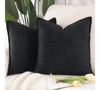 Madizz Pack of 2 Chenille Velvet Cushion Covers 60x60 cm Black Soft Neutral Decorative Throw Pillow Covers Accent Boho Pillowcases for Couch Sofa Modern Farmhouse Home Decor
