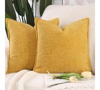 Madizz Pack of 2 Chenille Velvet Cushion Covers 60x60 cm Mustard Yellow Soft Neutral Decorative Throw Pillow Covers Accent Boho Pillowcases for Couch Sofa Modern Farmhouse Home Decor