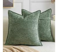 Madizz Pack of 2 Decorative Cushion Covers Boho Soft Textured Chenille Throw Pillows Solid Euro Sham Pillow Covers for Couch Sofa Bedroom Living Room 60x60 CM, Green