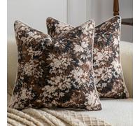 Madizz Pack of 2 Decorative Euro Sham Covers 60x60 cm Charcoal Cocoa Vintage Floral Throw Pillows Soft Solid Jacquard Pillow Covers for Couch Sofa Bedroom Living Room