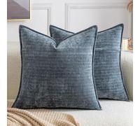 Madizz Pack of 2 Decorative Striped Cushion Covers Vintage Boho Soft Chenille Throw Pillows Luxurious Pillow Cases for Couch Sofa Euro Sham for Bedroom Living Room 60x60 CM, Dark Blue Grey