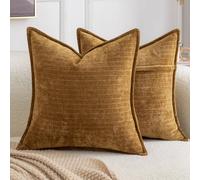Madizz Pack of 2 Decorative Striped Cushion Covers Vintage Boho Soft Chenille Throw Pillows Luxurious Pillow Cases for Couch Sofa Euro Sham for Bedroom Living Room 60x60 CM, Dark Gold