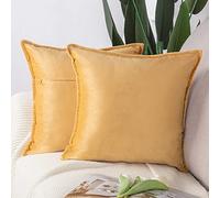 Madizz Pack of 2 Super Soft Velvet Decorative Cushion Covers with Fringe Luxury Style Cushion Case European Pillow Shell for Sofa Bedroom Square Gold 24x24 inch, 60x60 cm