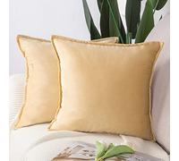 Madizz Pack of 2 Super Soft Velvet Decorative Cushion Covers with Fringe Luxury Style Cushion Case European Pillow Shell for Sofa Bedroom Square Khaki 26x26 inch, 65x65 cm