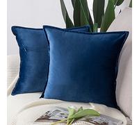 Madizz Pack of 2 Super Soft Velvet Decorative Cushion Covers with Fringe Luxury Style Cushion Case European Pillow Shell for Sofa Bedroom Square Blue 26x26 inch, 65x65 cm