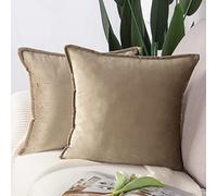 Madizz Pack of 2 Super Soft Velvet Decorative Cushion Covers with Fringe Luxury Style Cushion Case European Pillow Shell for Sofa Bedroom Square Light Brown 24x24 inch, 60x60 cm