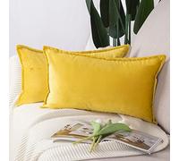 Madizz Pack of 2 Super Soft Velvet Decorative Cushion Covers with Fringe Luxury Style Cushion Case Pillow Shell for Sofa Bedroom Lemon Yellow 12x20 inch, 30x50 cm Rectangular