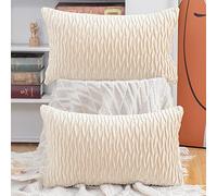 Madizz Pack of 2 Super Soft Velvet Decorative Cushion Covers with Texture Luxury Style Throw Pillow Cases Pillow Shell for Sofa Bedroom Square Beige 16x32 inch