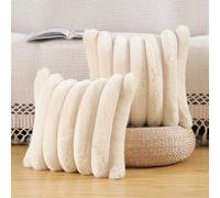 Madizz Plush Faux Fur Throw Pillow Covers 26x26 inch, 65x65 cm Beige Set of 2 Fluffy Striped Soft Decorative Cushion Cover for Sofa Bedroom Pillow Shell