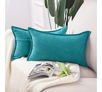 Madizz Set of 2 Short Chenille Throw Pillow Covers 12x20 Inch Cyan Teal Soft Decorative Cushion Cover for Sofa Bedroom Pillow Shell