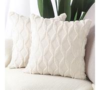 Madizz Set of 2 Soft Plush Short Wool Velvet Decorative Cushion Covers Luxury Style Throw Pillow Cases European Pillow Shell for Sofa Bedroom Square Beige 24x24 inch, 60x60 cm