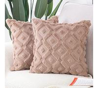 Madizz Set of 2 Soft Plush Short Wool Velvet Decorative Cushion Covers Luxury Style Throw Pillow Cases European Pillow Shell for Sofa Bedroom Square Light Brown 14x14 inch, 35x35 cm