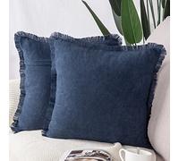 Madizz Set of 2 Suede Cushion Covers with Fringe Tassels 26x26 inch, 65x65 cm, Dark Blue Soft Decorative Throw Pillow Cases for Sofa Bedroom Pillow Shell