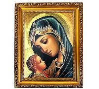 Madonna and Child Icon in Blue 9 1/2 Inch, Gold Foil Icon, With Stand and Hook For Hanging on Wall, Religious Gift, Virgin Mary and Christ