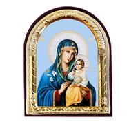 Madonna and Child in Blue Virgin Mary Eternal Bloom Icon Arched With Stand and it is Wall Hanging 4 1/16 Inch, The Three Lilies in Mary's Hand Religious Gift