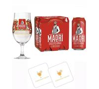Madri Beer Gift Set Bundle | Madri Cans 4x 440mls | Madri Limited Edition Madrid Street Art Pint Glass - 20oz Nucleated | 2x Celebration Spirits Beer Mats
