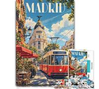 Madrid City Tram Wooden Jigsaw Puzzle for Adults | Piece-by-piece progress - focused tabletop leisure in spare time.
