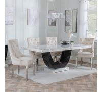 Madrid Dining Set - 6-8 Seater - 160cm-180cm - White Marble - Lion Knocker Back Dining Chairs - Champagne Velvet Fabric - Chrome Legs