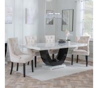 Madrid Dining Set - 6-8 Seater - 160cm-180cm - White Marble - Lion Knocker Back Dining Chairs - Champagne Velvet Fabric - Black Wooden Legs