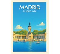 Madrid El Retiro Park Vintage Style Travel Art Print, Monument and Lake Scene, Spanish Architecture Wall Decor. Size A4