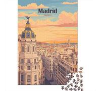 Madrid, Spain Cityscape Illustration Jigsaw Puzzle 1000 Pieces, Downtown Architecture at Night, 1000 Pieces for Adults, Travel Gift for Home Décor Fans, Paper Board, 38x26cm/1000pcs