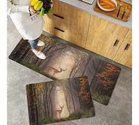 MADVEI 2 Piece Non-Slip Kitchen Mat,Wildlife Stag Deer Discovers a Dreamy Misty Forest Autumn Tree Foggy Pathway Multicolor,Rubber Backing Doormat Kitchen Floor Mat Runner Rug Set 40x60 cm+40x120 cm