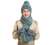 Maeau - 3 Pieces Hat Scarf and Gloves Set Snowflake Pattern Scarves Knitted Thickened Lining Skull Cap Touch Screen Gloves Unisex for Outdoor - Blue