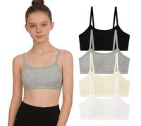 Maeau 4 Pack Sports Bra for Girls Cotton Ribbed Training Crop Bras with Spaghetti Strap Soft Casual Padding Cami Underwear Teenage Crop Tops with Removable Pads for 10-15 Years B2