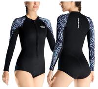 Maeau Athletic Swimsuits for Women One Piece Swimming Costume Neoprene 2mm Long Sleeve Rash Guard UV Protection Surfing Swimwear Zip Front for Snorkeling Water Sports Blue