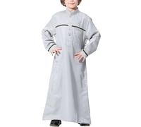 Maeau Boy's Muslim Arab Islamic Kaftan Robe Long Sleeve Button Down Thobe Kids Boys Dubai Style Ethnic Dress with Pockets B Grey 4-5 Y