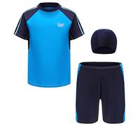 Maeau Boys Swimsuit Set 3 Pieces Swimming Shorts Boys & Swimming Shirt Set Short Sleeve Rash Guard A563 7-8 Years