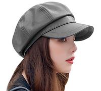 Maeau - Cabbie Cap Women Newsboy Hat Painter Hat PU Leather Beret Cap Vintage Baker Boy Hats Peaked Winter Hat - Grey