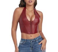 Maeau Crop Top Women Leather Halter Neck Vest Sexy Y2K Gothic Punk T-Shirts Red XXL