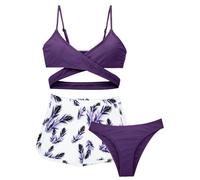 Maeau Girl's 3 Piece Swimmming Costume Tropical Print Criss Cross High Waist Bikini Set with Shorts Cover Up Girls Swimwear for Beach Water Sports C4 12-13 Y