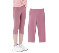 Maeau Girls Capris Leggings Dance Athletic Cropped Leggings Kids Elastic Compression 3/4 Workout Tight Pants with Pockets Running Yoga Stretch Leggings 01 Dusty Pink 10-11 Y
