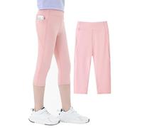 Maeau Girls Capris Leggings Dance Athletic Cropped Leggings Kids Elastic Compression 3/4 Workout Tight Pants with Pockets Running Yoga Stretch Leggings 01 Pink 6 Y